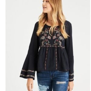American Eagle Outfitters Grey Embroidered Top
